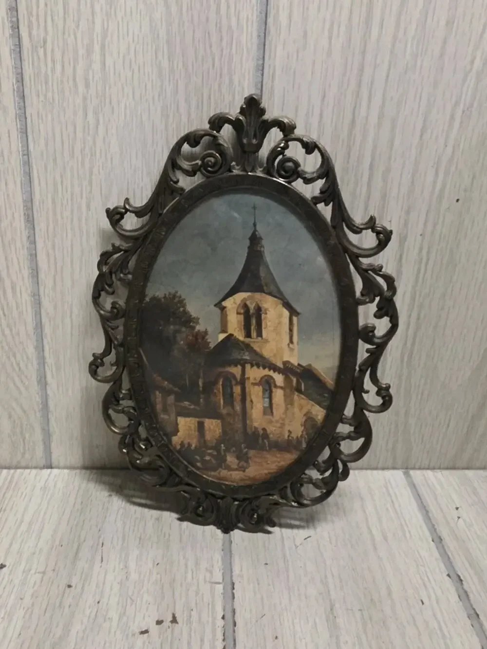 Vintage Italian Oval Ornate Filigree Frame With Gothic European Church Print